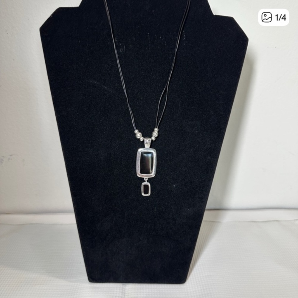 Silver Black Pendant Necklace on Black Cord